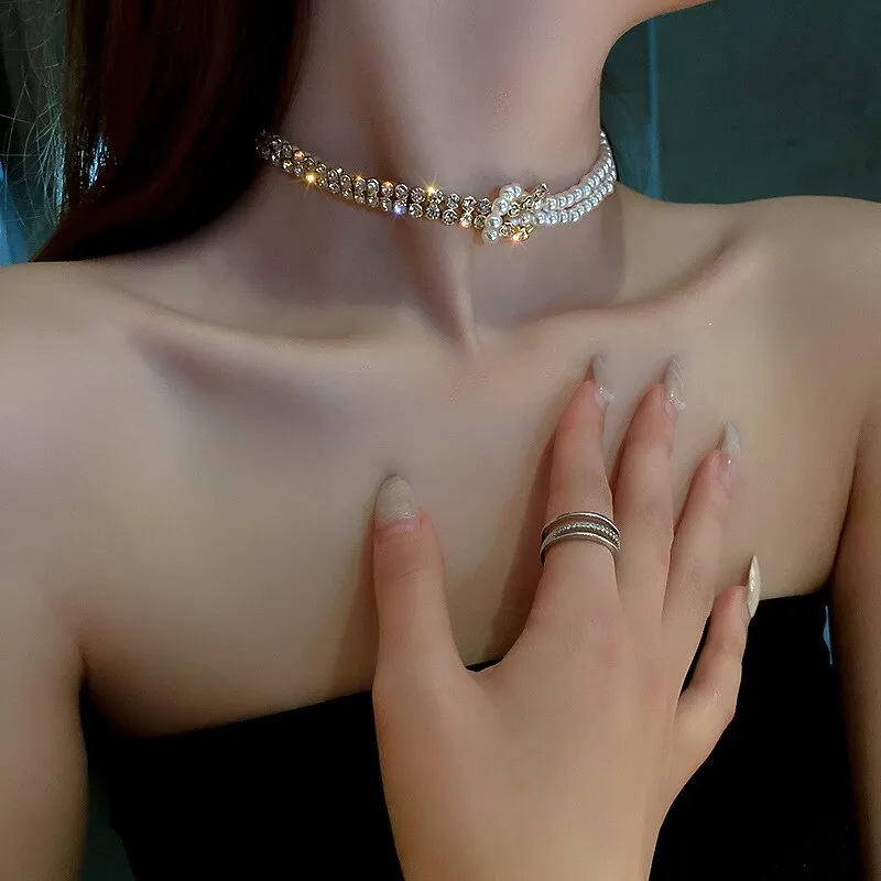 Elegant Crystal Simulated Pearl Choker Necklace
