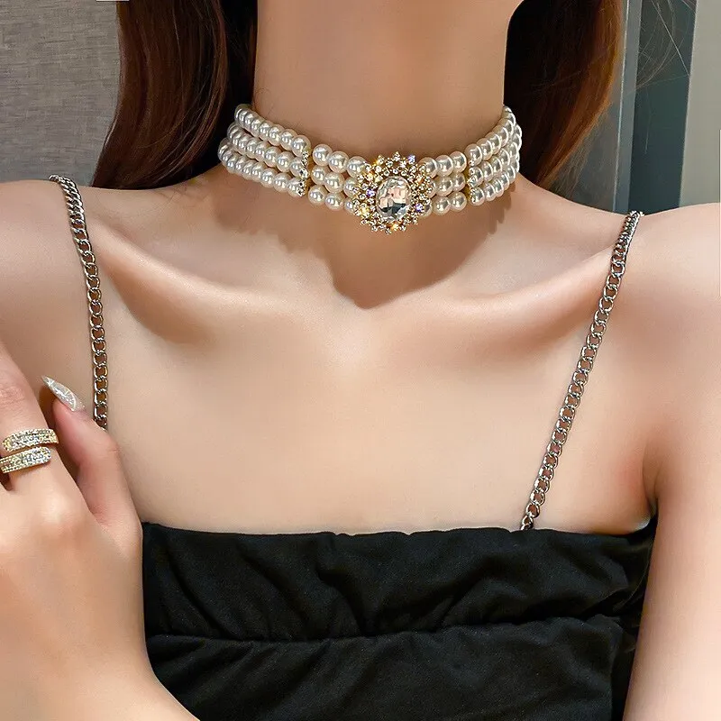 Elegant Crystal Simulated Pearl Choker Necklace