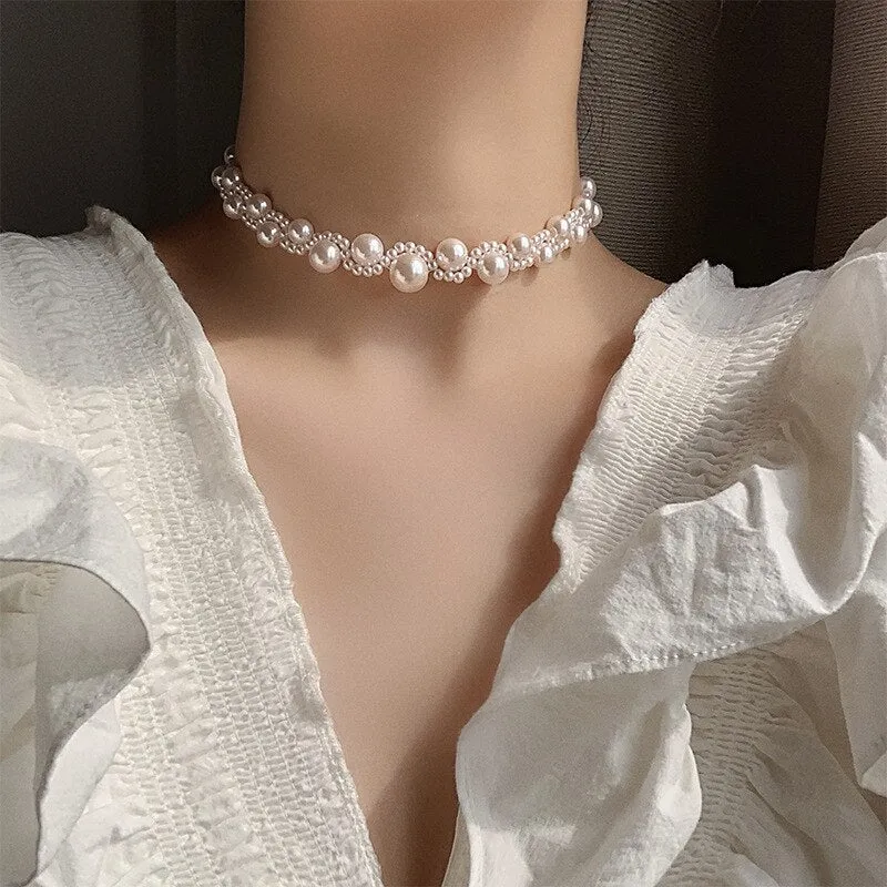 Elegant Crystal Simulated Pearl Choker Necklace