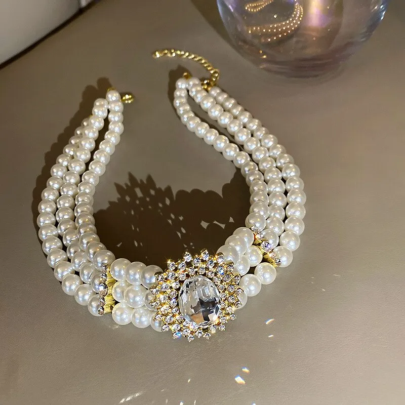 Elegant Crystal Simulated Pearl Choker Necklace