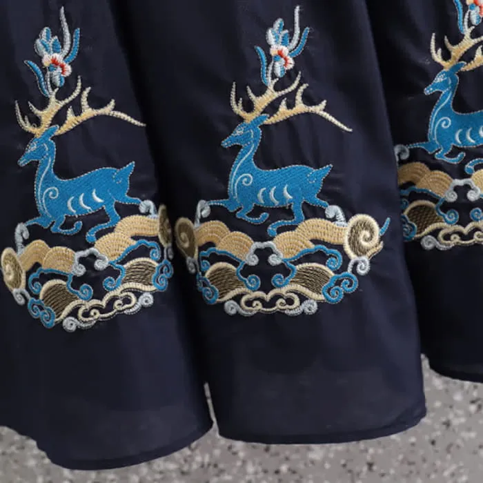 Elegant Deer Embroidery Buckle Shirt Skirt