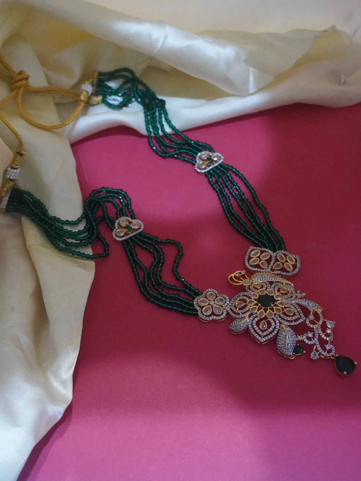 Elegant Gold Plated Floral Green Necklace and Earrings Set