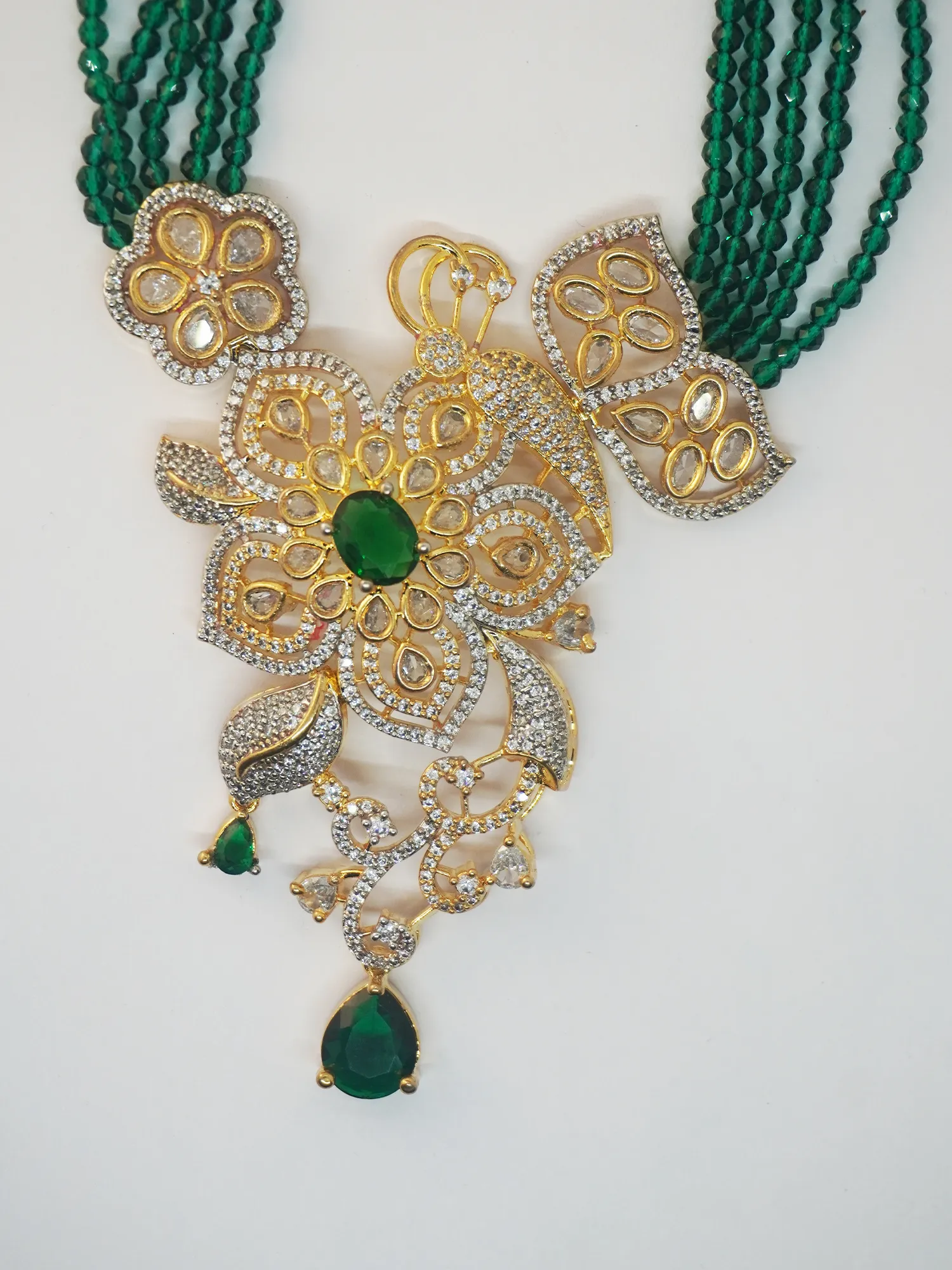 Elegant Gold Plated Floral Green Necklace and Earrings Set