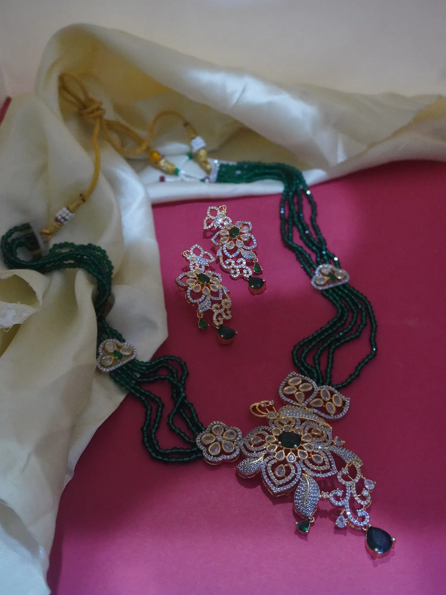 Elegant Gold Plated Floral Green Necklace and Earrings Set