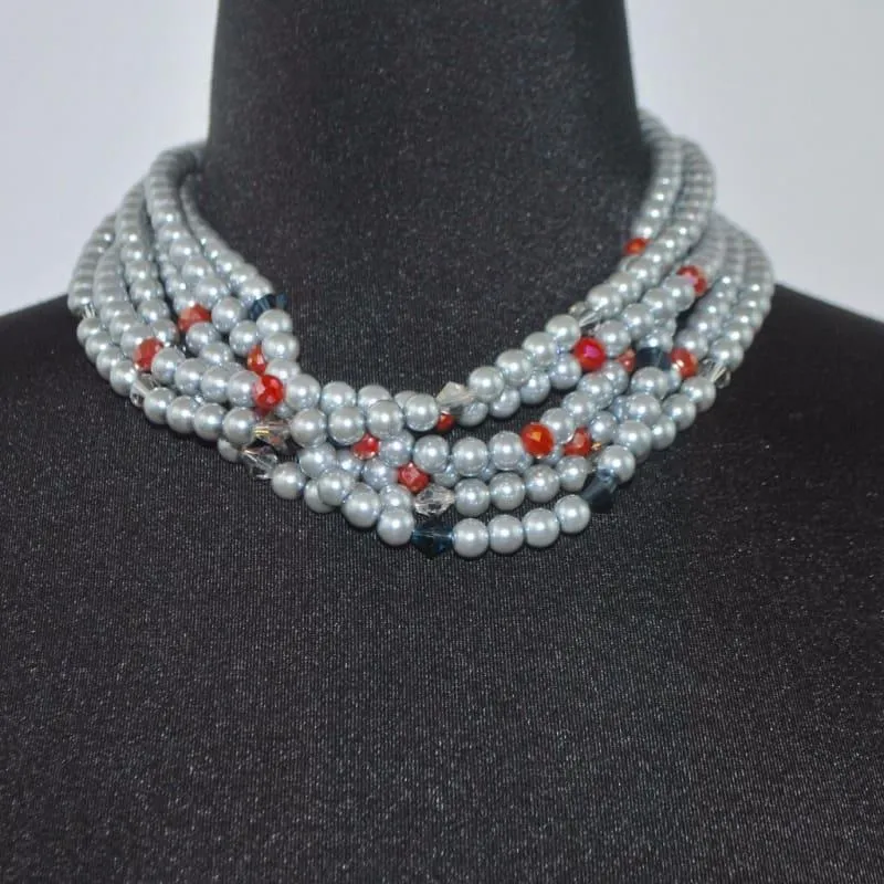 Elegant Gray Multi Strand Glass Pearls Necklace