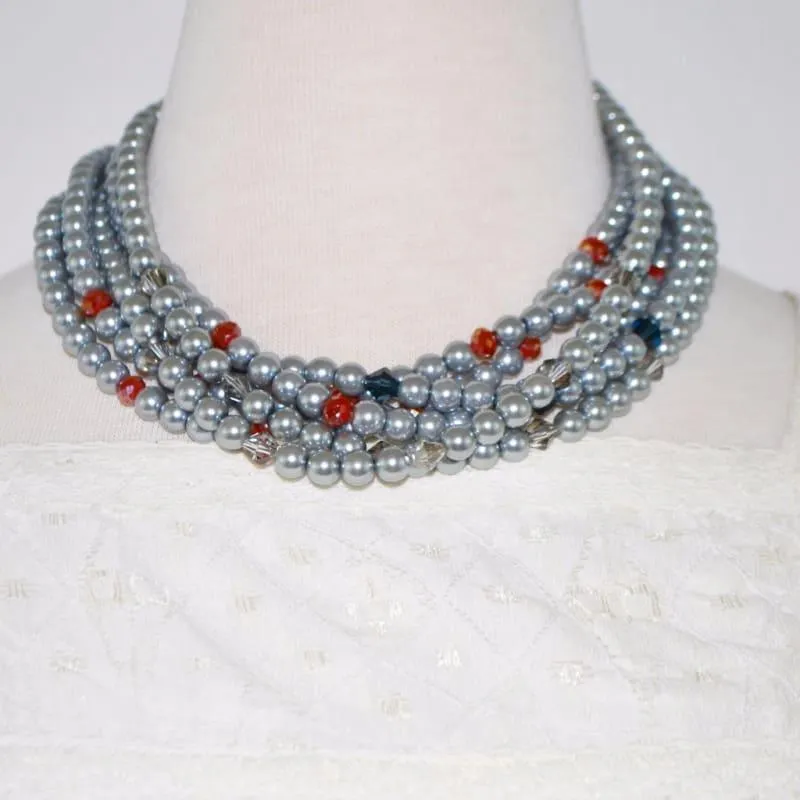 Elegant Gray Multi Strand Glass Pearls Necklace