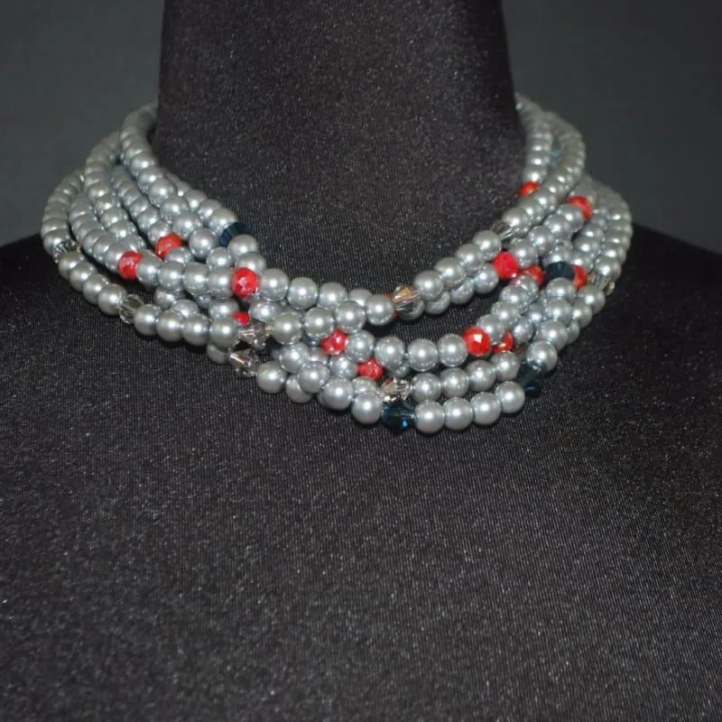 Elegant Gray Multi Strand Glass Pearls Necklace