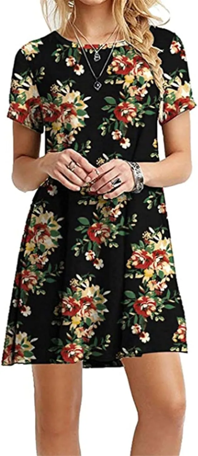 FLITAY Womens Casual Floral Simple Dress Loose Tunic T-Shirt Dress Summer Beach Flowy Dress
