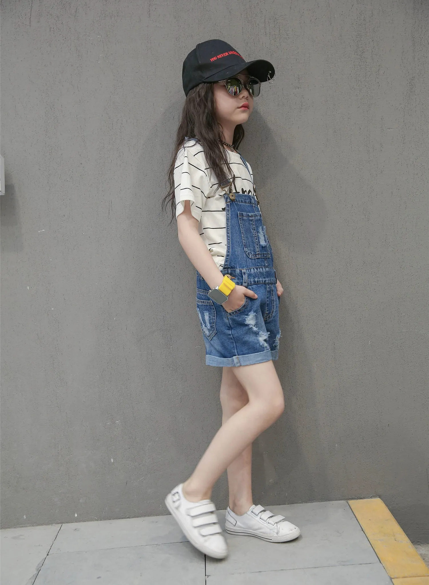 Girls Jeans Overalls Ripped Denim Shortalls