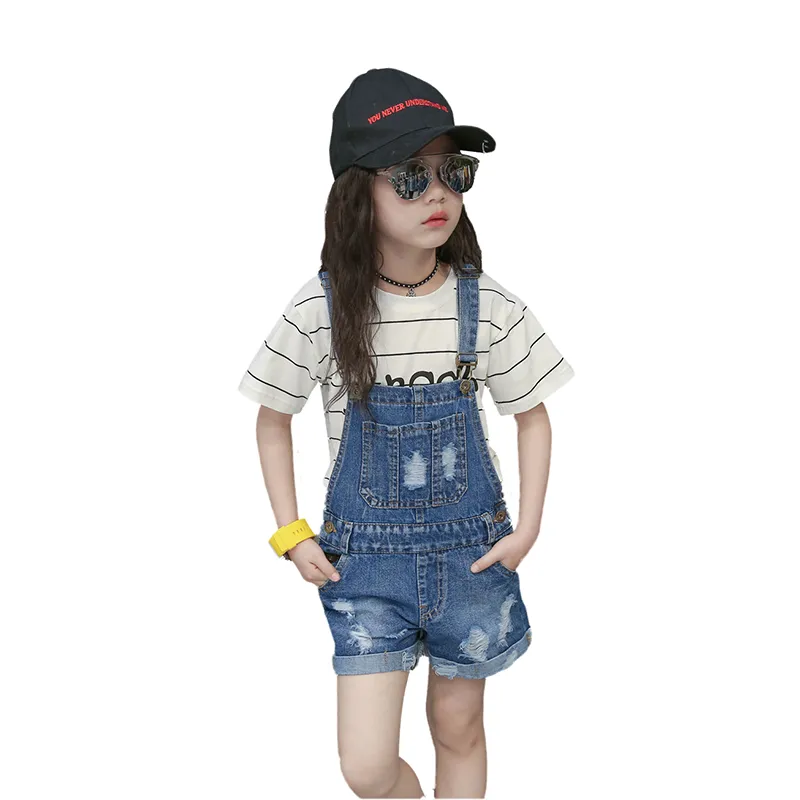 Girls Jeans Overalls Ripped Denim Shortalls