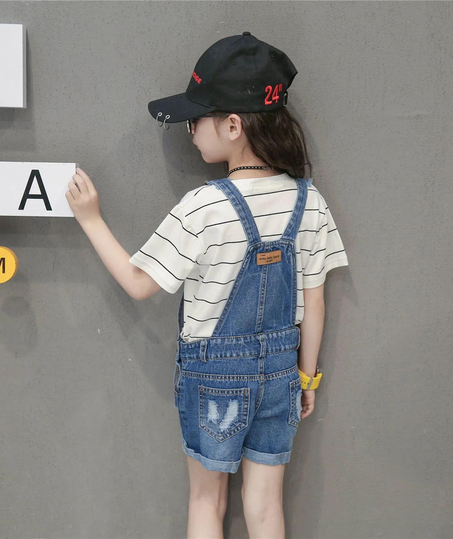 Girls Jeans Overalls Ripped Denim Shortalls
