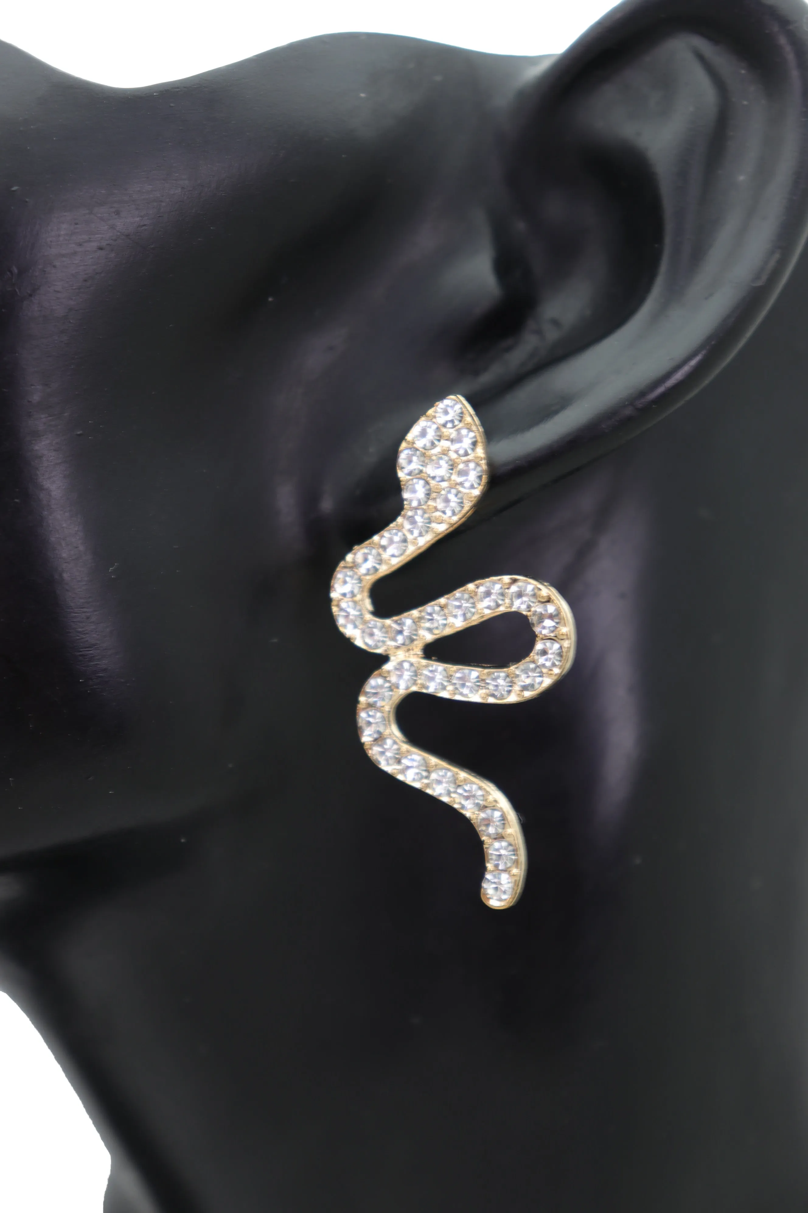 Gold Metal Rhinestone Cobra Snake Earrings