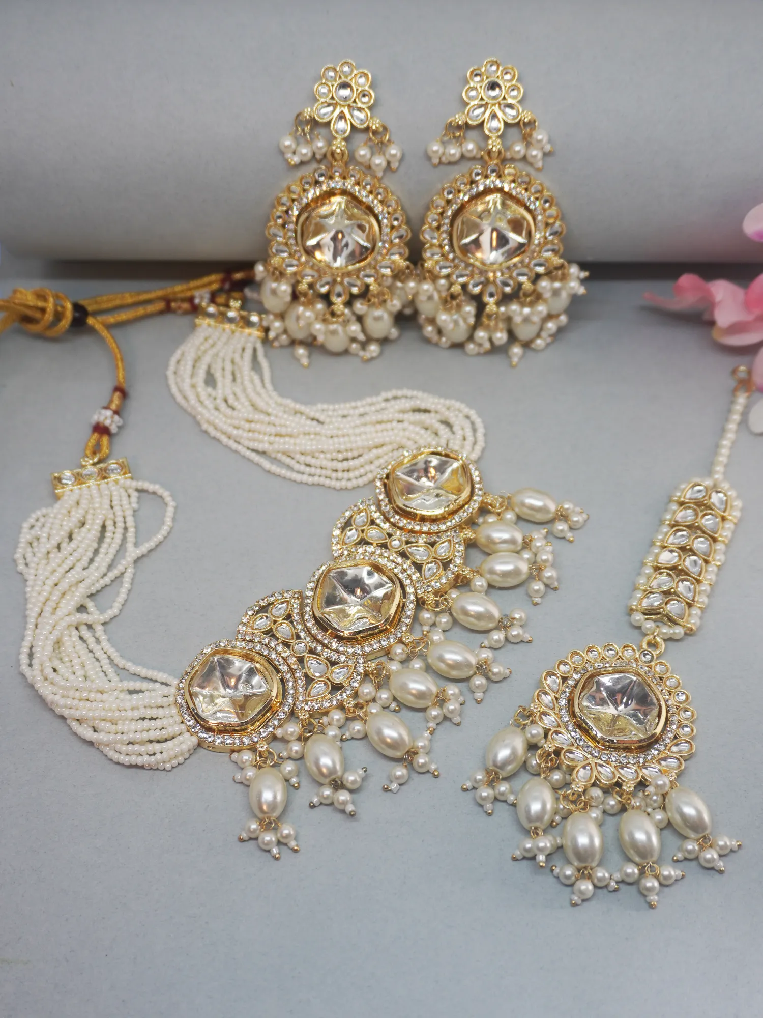 Gold-Plated Ethnic Necklace with Earrings and Maang-Tikka Set with Polki, Kundan CZ Stones and White Pearls