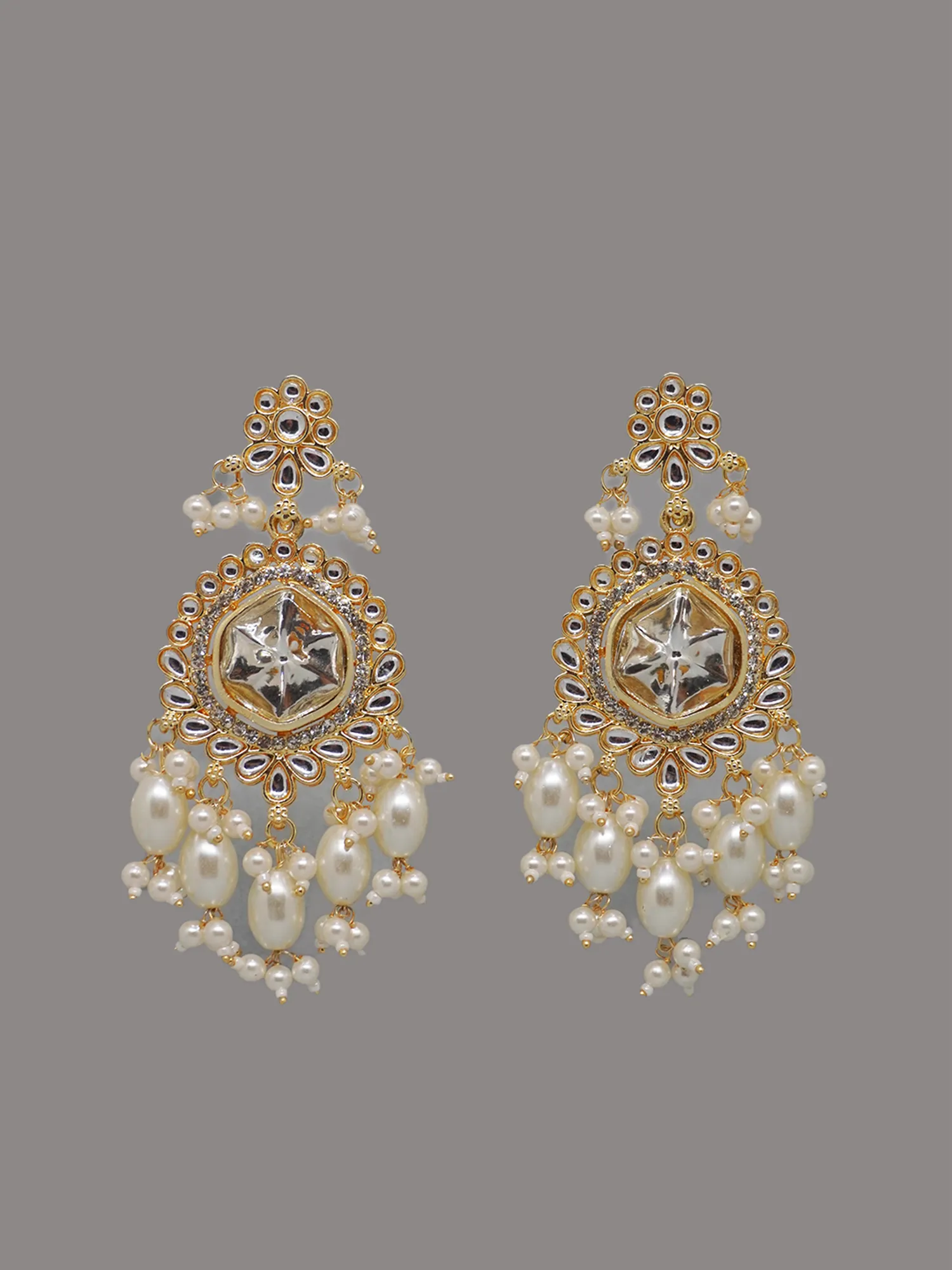 Gold-Plated Ethnic Necklace with Earrings and Maang-Tikka Set with Polki, Kundan CZ Stones and White Pearls