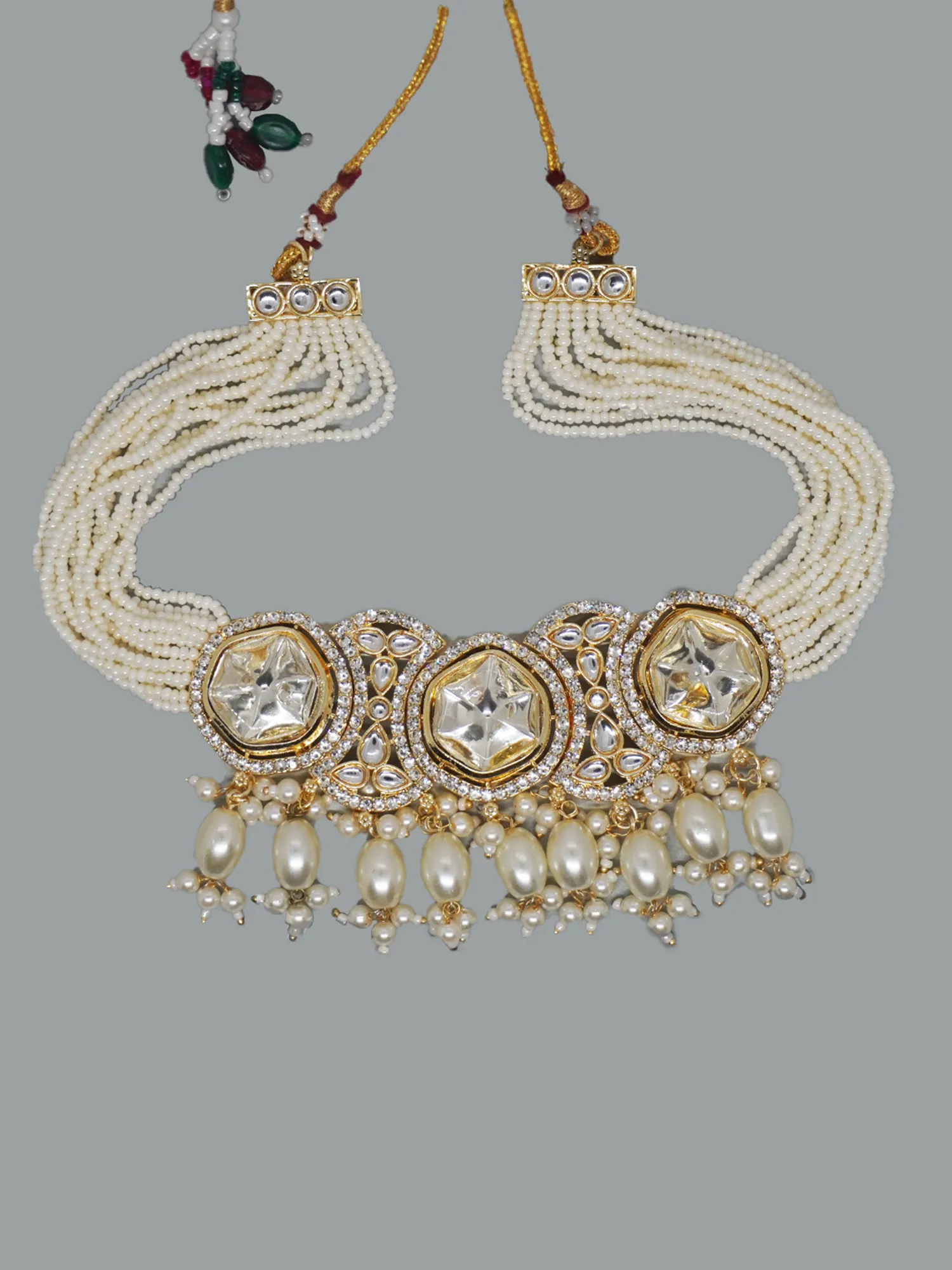 Gold-Plated Ethnic Necklace with Earrings and Maang-Tikka Set with Polki, Kundan CZ Stones and White Pearls