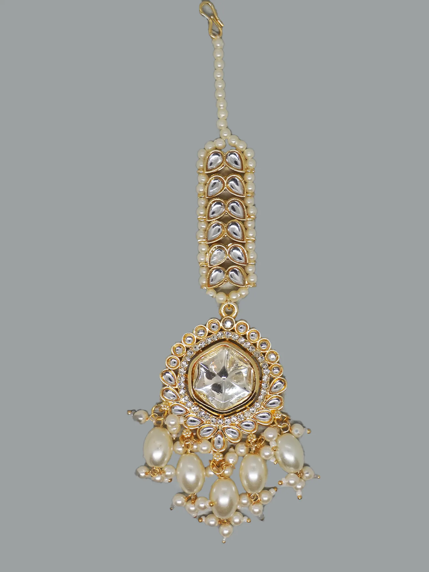 Gold-Plated Ethnic Necklace with Earrings and Maang-Tikka Set with Polki, Kundan CZ Stones and White Pearls