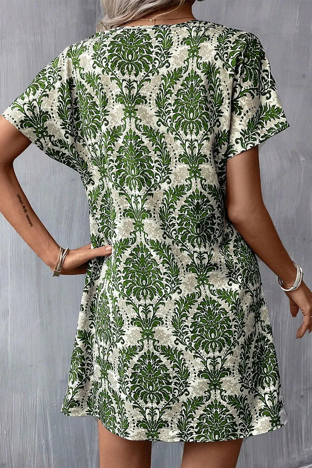 Green Floral Print V Neck Short Dolman Sleeve Mini Dress