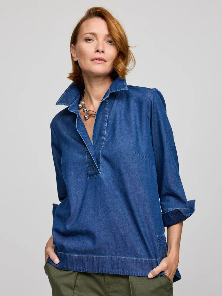 Hinson Wu Aileen 3/4 Sleeve Denim Shirt in Dark Wash