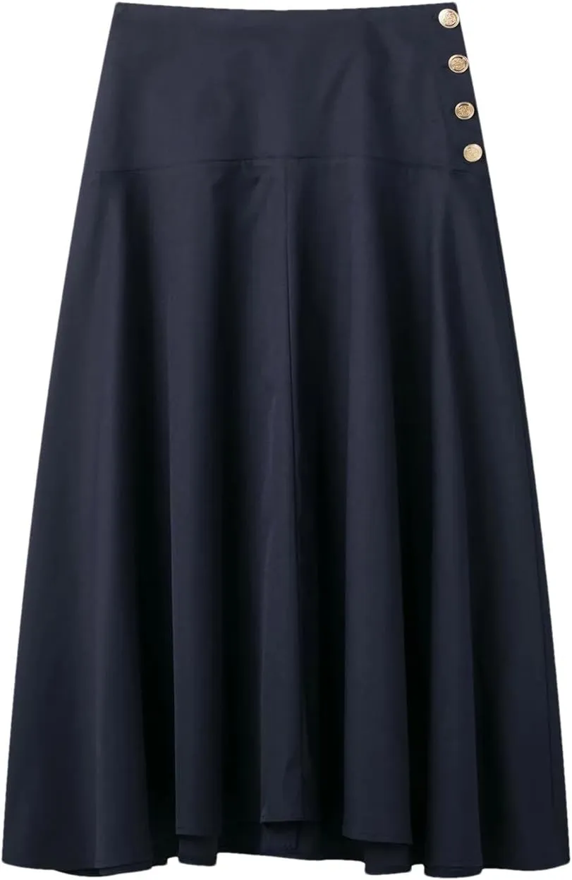 Jegsnoe Women's High Waist A-Line Front Button Midi Skirt Spring Summer Casual Solid Chic Long Skirt