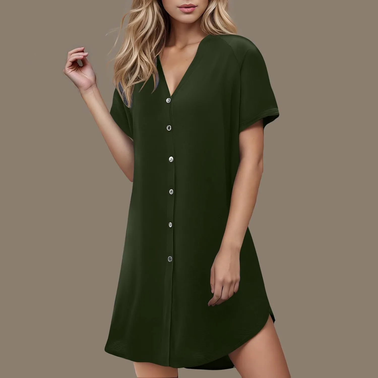 jsaierl Women's Button Down V Neck Shirts Dress Casual Loose Solid Basic T Shirt Dress Summer Short Sleeve Shift Dress
