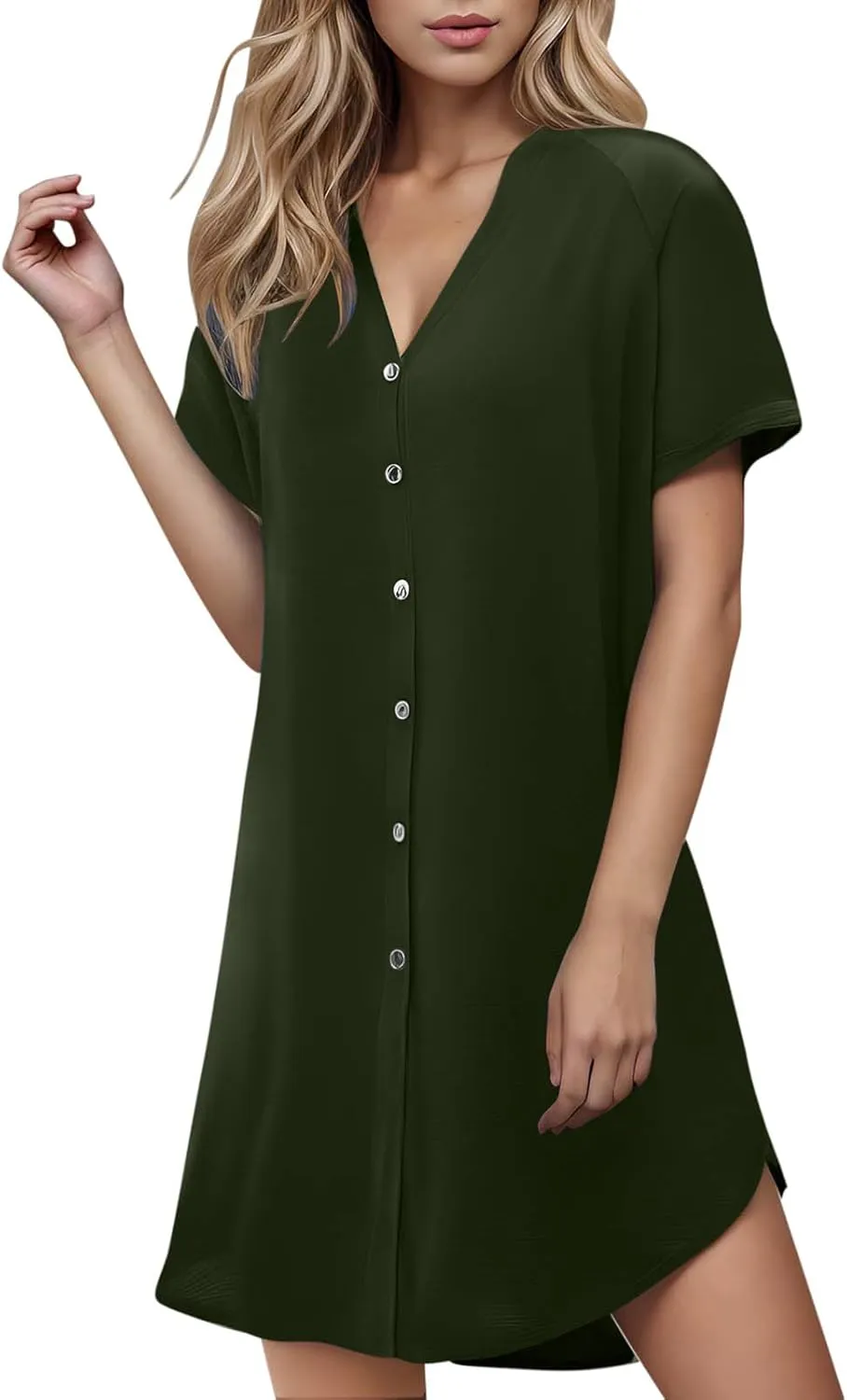jsaierl Women's Button Down V Neck Shirts Dress Casual Loose Solid Basic T Shirt Dress Summer Short Sleeve Shift Dress