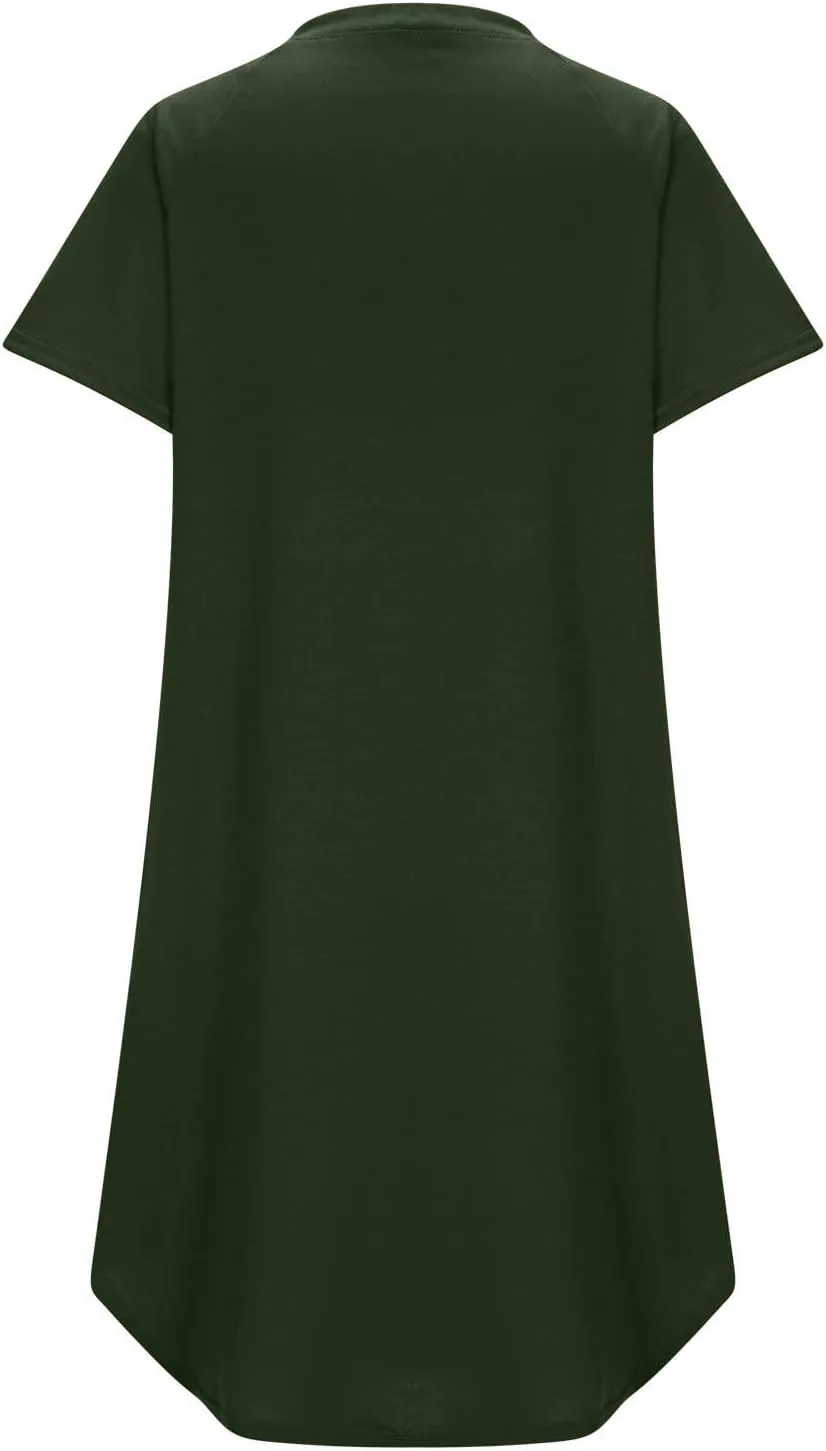 jsaierl Women's Button Down V Neck Shirts Dress Casual Loose Solid Basic T Shirt Dress Summer Short Sleeve Shift Dress