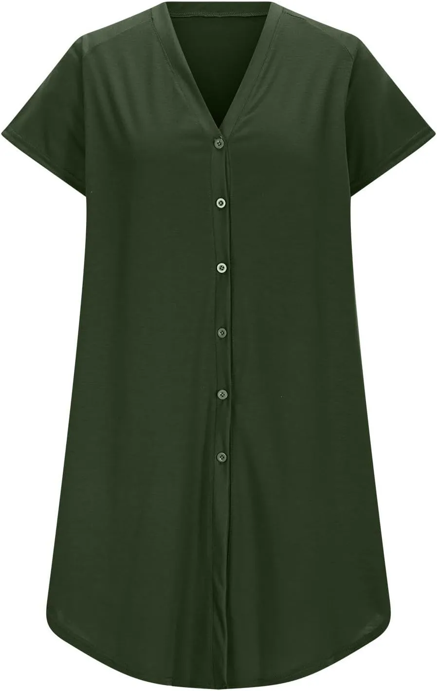 jsaierl Women's Button Down V Neck Shirts Dress Casual Loose Solid Basic T Shirt Dress Summer Short Sleeve Shift Dress