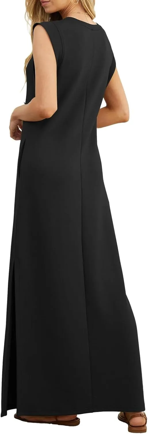 Maxi Dress for Women Summer Sleeveless Crew Neck Tank Dresses Loose Split Hem Beach Long Dress with Pockets