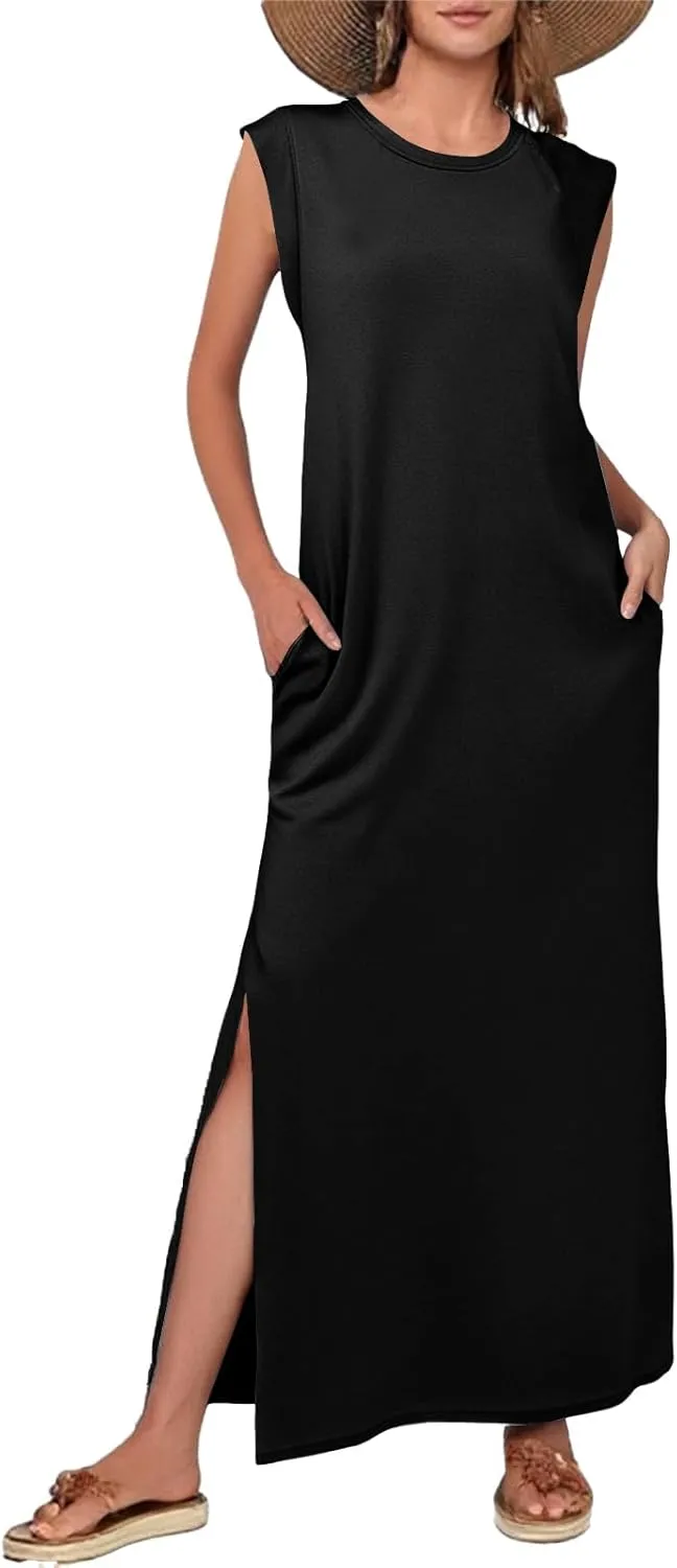 Maxi Dress for Women Summer Sleeveless Crew Neck Tank Dresses Loose Split Hem Beach Long Dress with Pockets