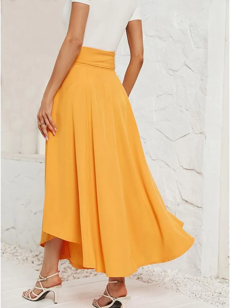 Maxi Skirts for Women High Waisted Belted Trendy Elegant Irregular A Line Side Slit Flowy Skirt with Pockets