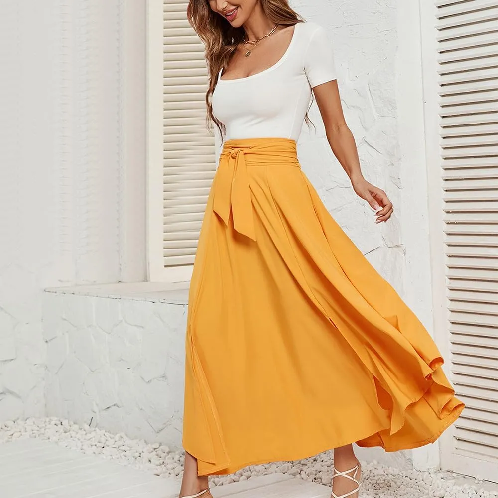 Maxi Skirts for Women High Waisted Belted Trendy Elegant Irregular A Line Side Slit Flowy Skirt with Pockets