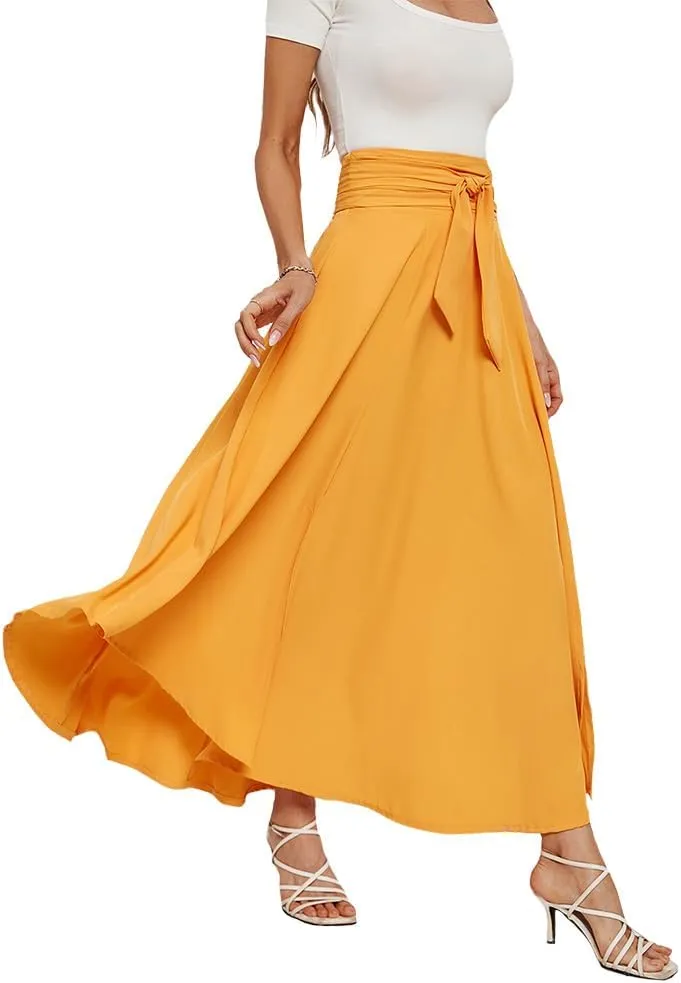 Maxi Skirts for Women High Waisted Belted Trendy Elegant Irregular A Line Side Slit Flowy Skirt with Pockets