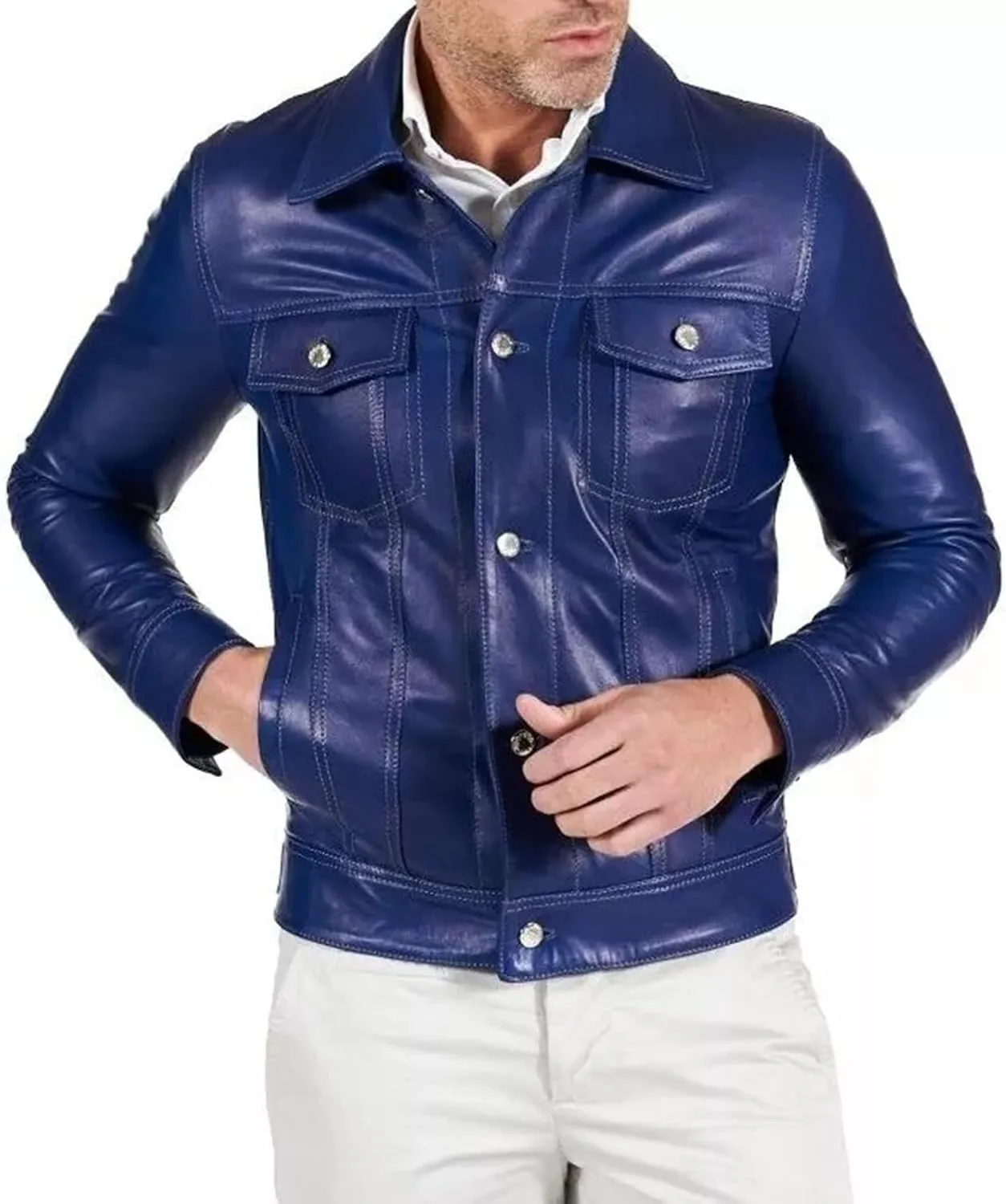 Men's Blue Denim Style Genuine Soft Lambskin Leather Trucker Jacket Button Shirt Coat