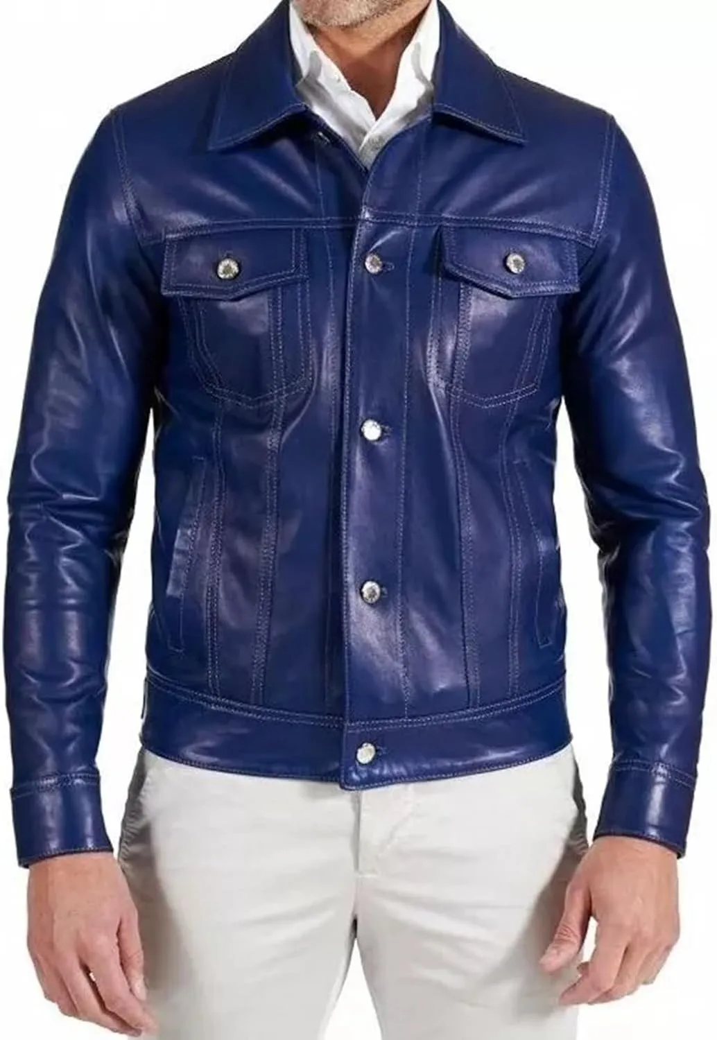 Men's Blue Denim Style Genuine Soft Lambskin Leather Trucker Jacket Button Shirt Coat