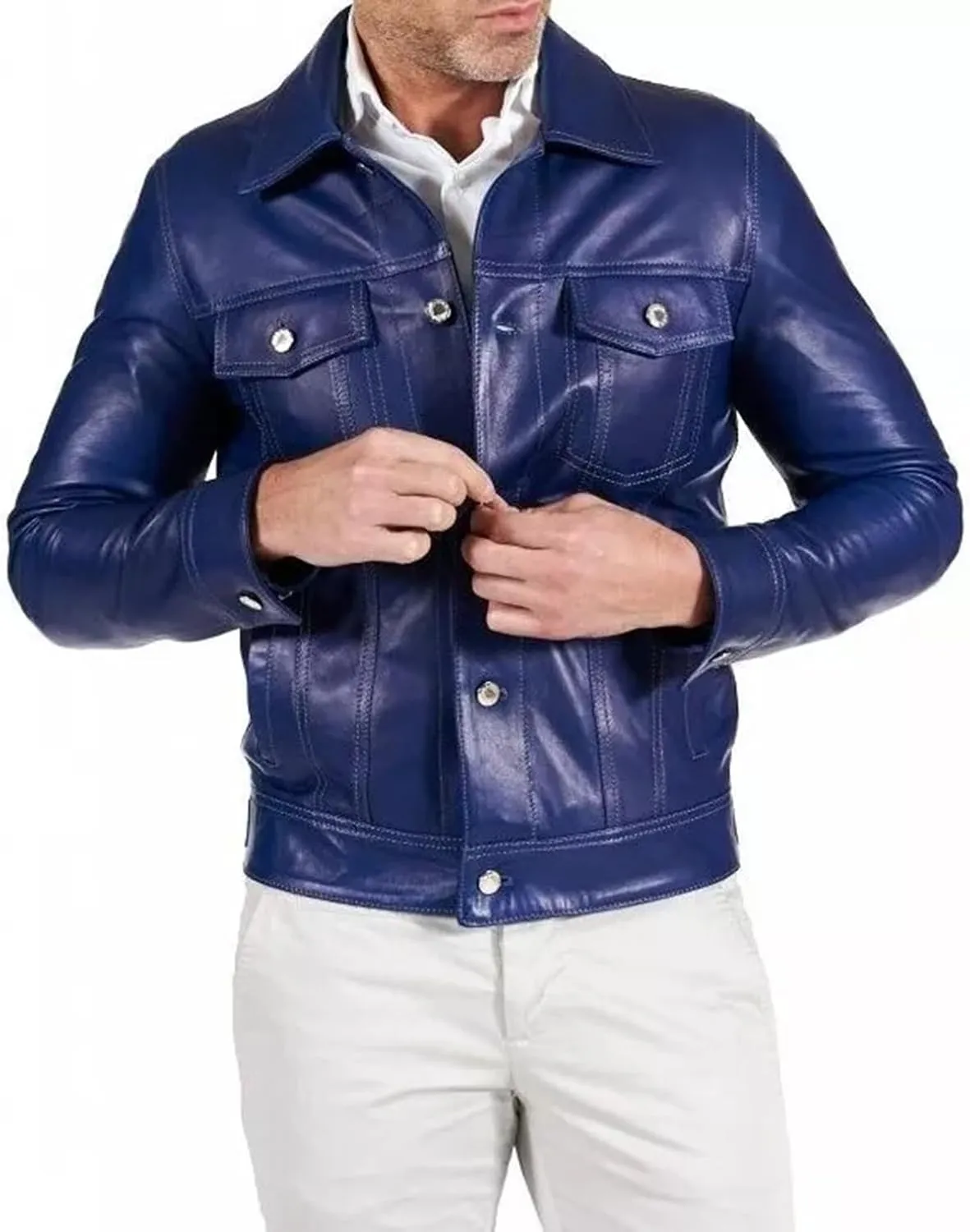 Men's Blue Denim Style Genuine Soft Lambskin Leather Trucker Jacket Button Shirt Coat