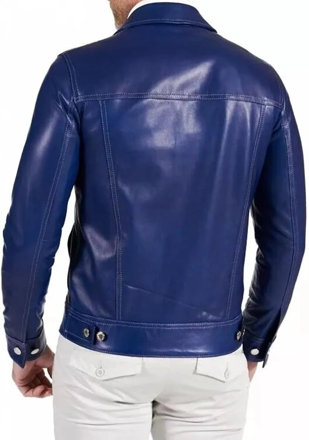 Men's Blue Denim Style Genuine Soft Lambskin Leather Trucker Jacket Button Shirt Coat