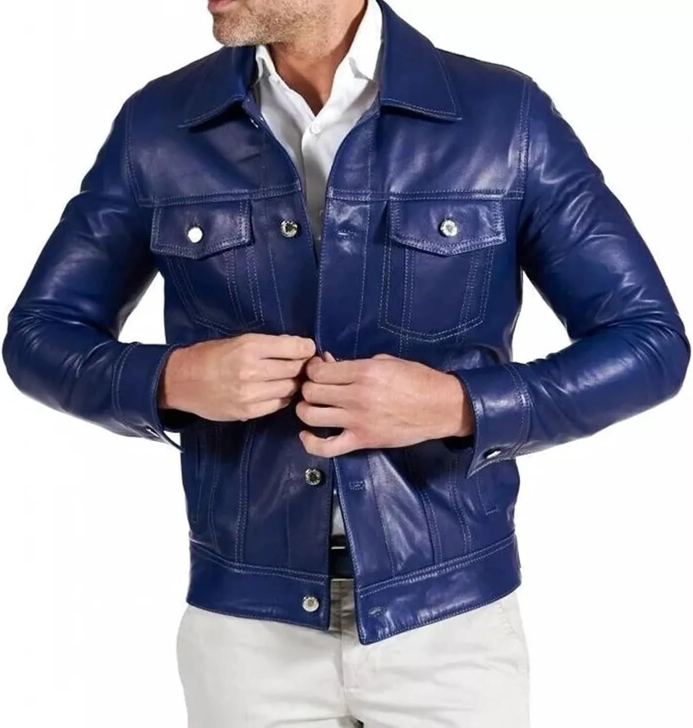 Men's Blue Denim Style Genuine Soft Lambskin Leather Trucker Jacket Button Shirt Coat