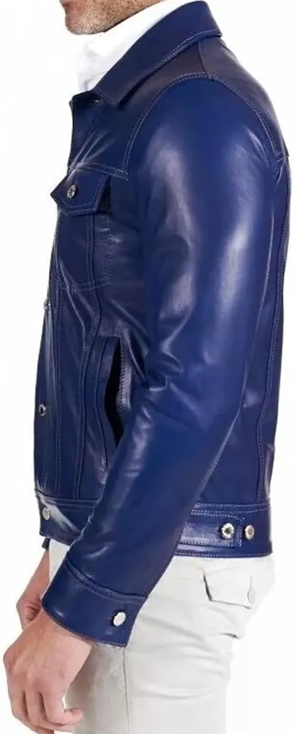 Men's Blue Denim Style Genuine Soft Lambskin Leather Trucker Jacket Button Shirt Coat