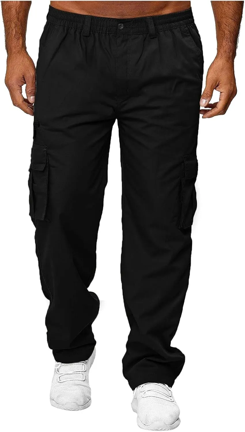 Mens Casual PantsMens Casual Cargo Pants Elastic Waist Hiking Joggers Athletic Pants Fitness Trousers Pants with Multi PocketsChino Pant
