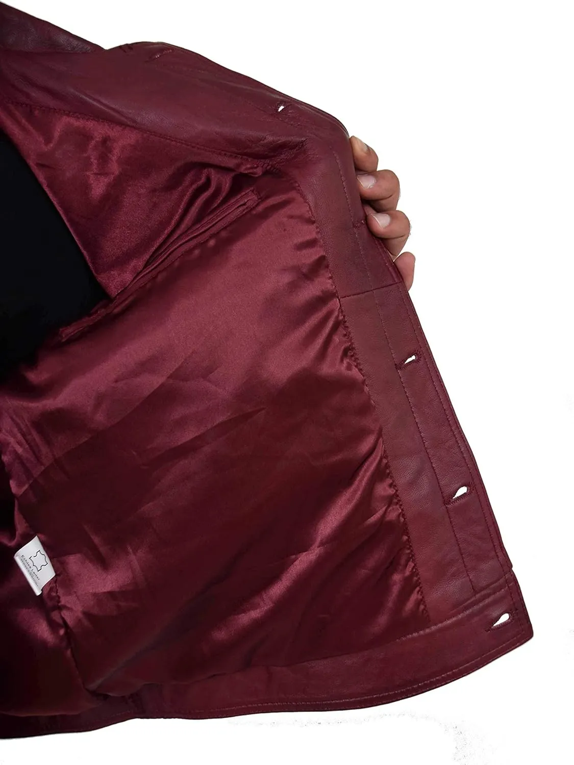 Mens Soft Leather Trucker Jacket Burgundy American Western Denim Style Coat - Bond