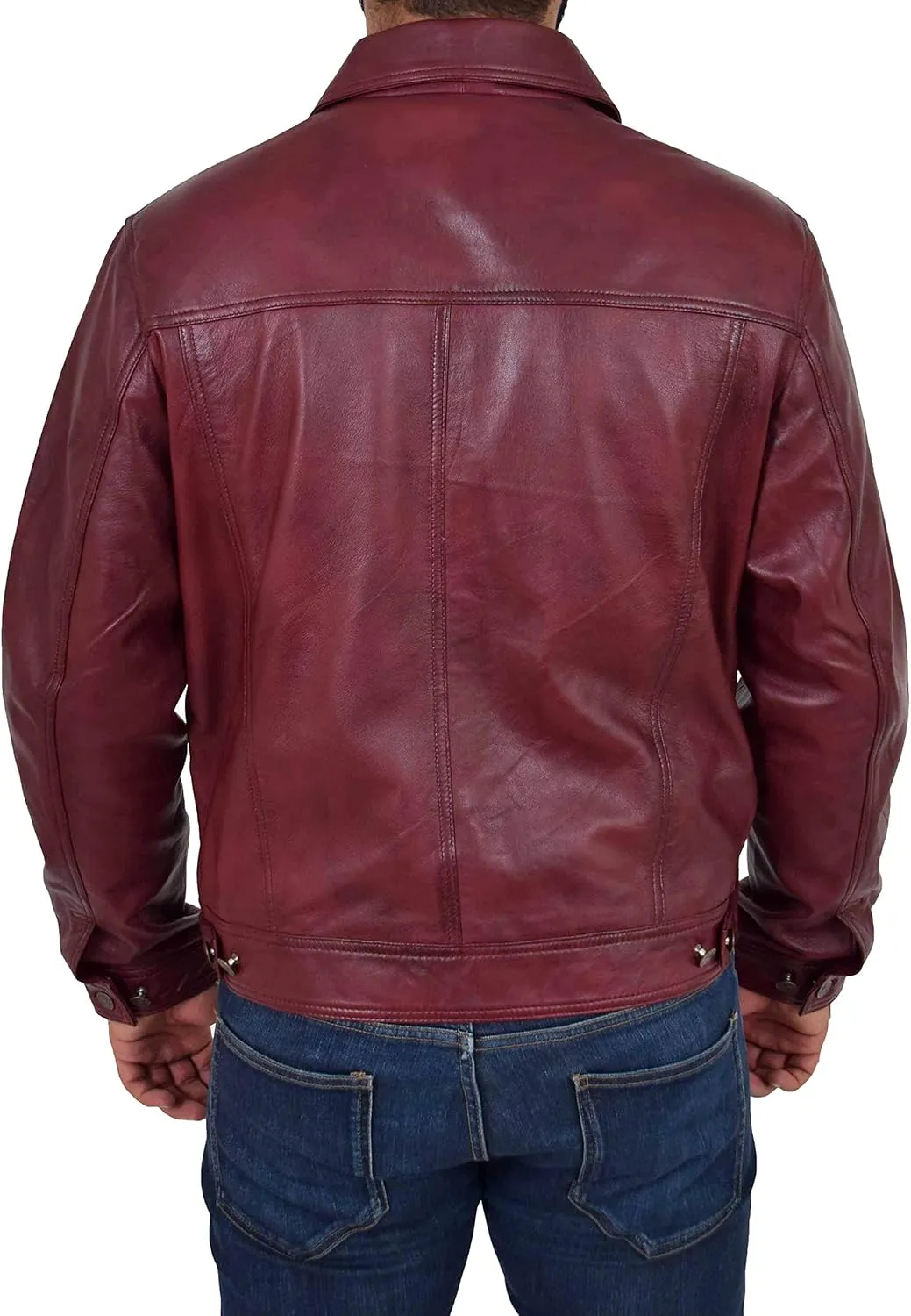 Mens Soft Leather Trucker Jacket Burgundy American Western Denim Style Coat - Bond