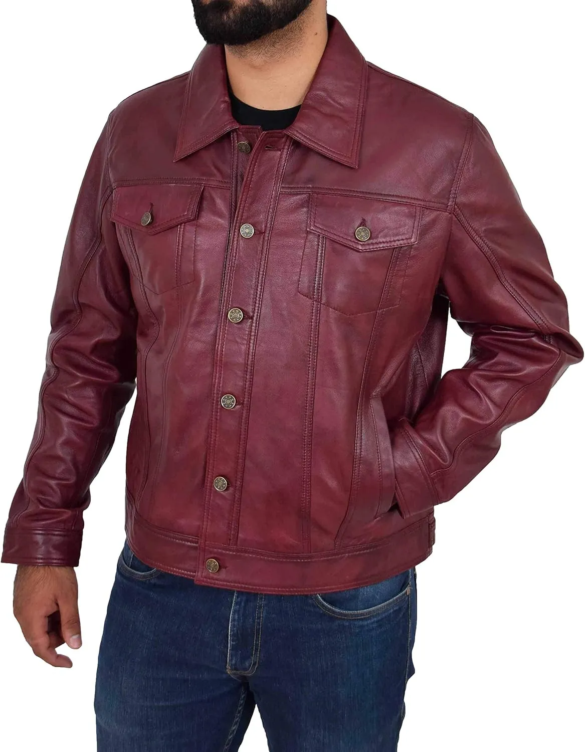 Mens Soft Leather Trucker Jacket Burgundy American Western Denim Style Coat - Bond