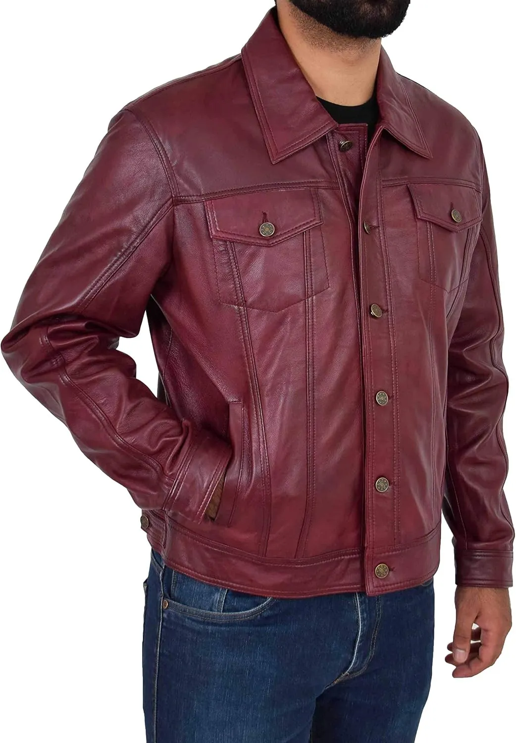 Mens Soft Leather Trucker Jacket Burgundy American Western Denim Style Coat - Bond