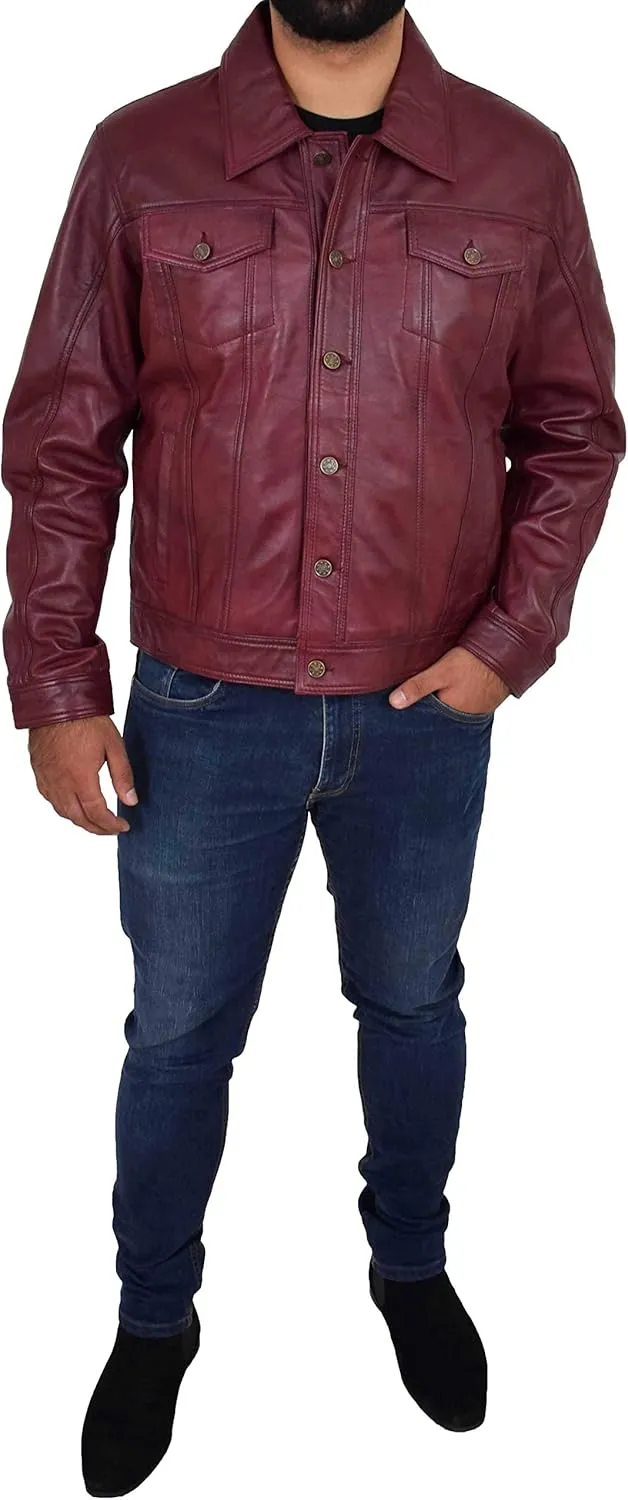 Mens Soft Leather Trucker Jacket Burgundy American Western Denim Style Coat - Bond