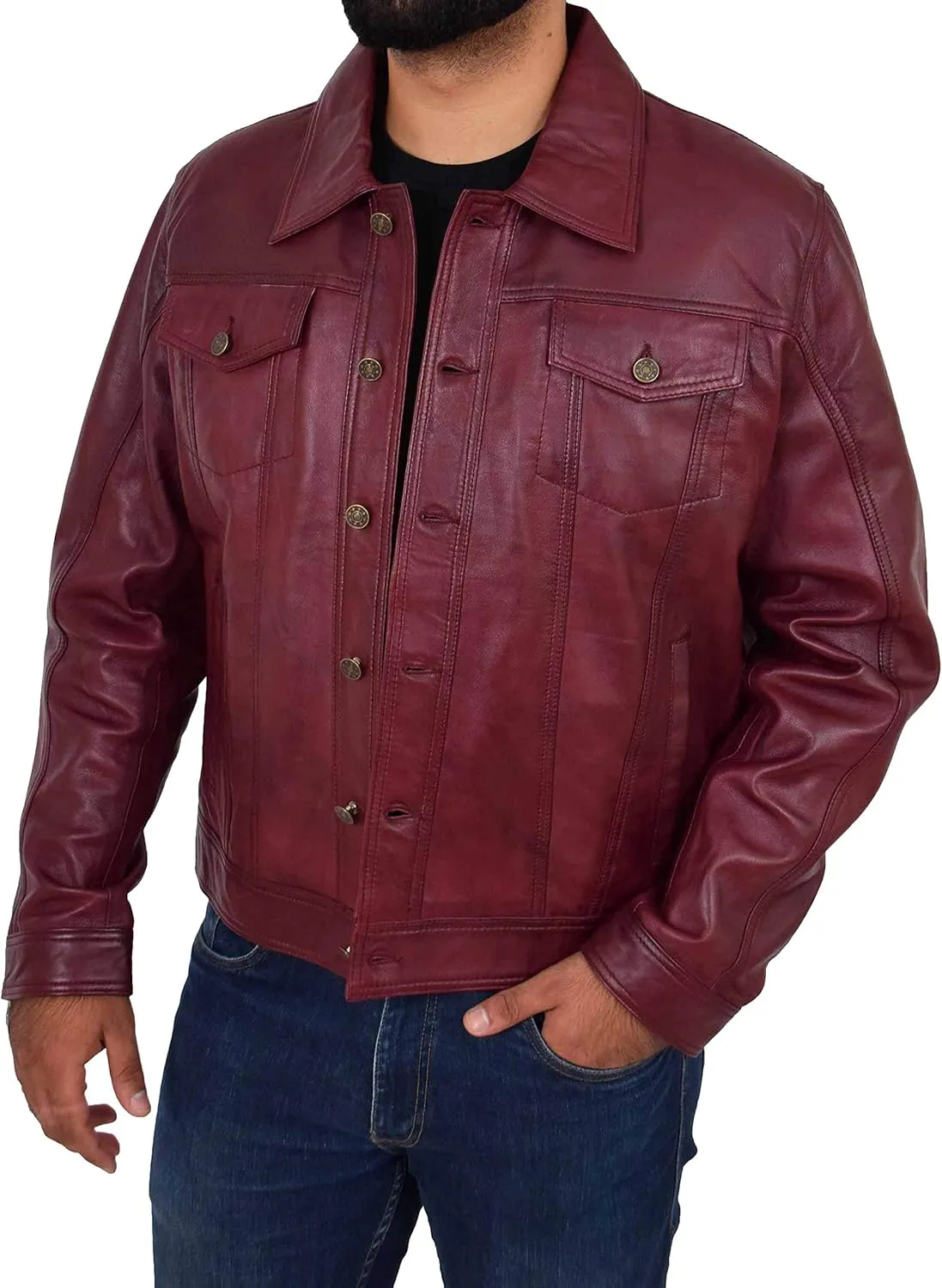 Mens Soft Leather Trucker Jacket Burgundy American Western Denim Style Coat - Bond