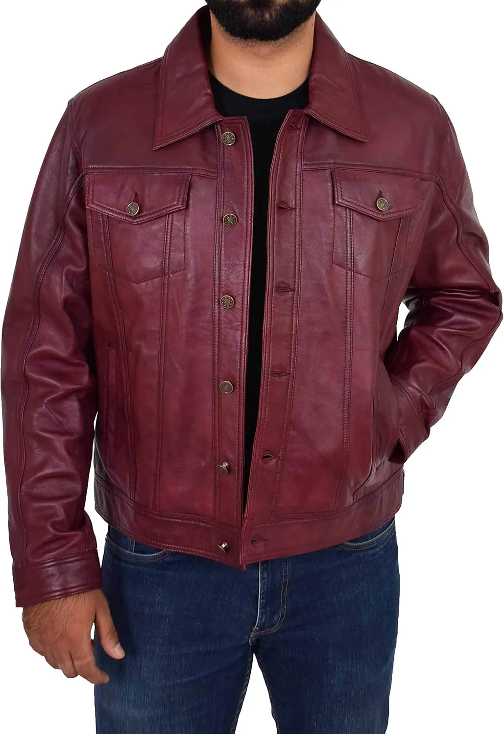 Mens Soft Leather Trucker Jacket Burgundy American Western Denim Style Coat - Bond