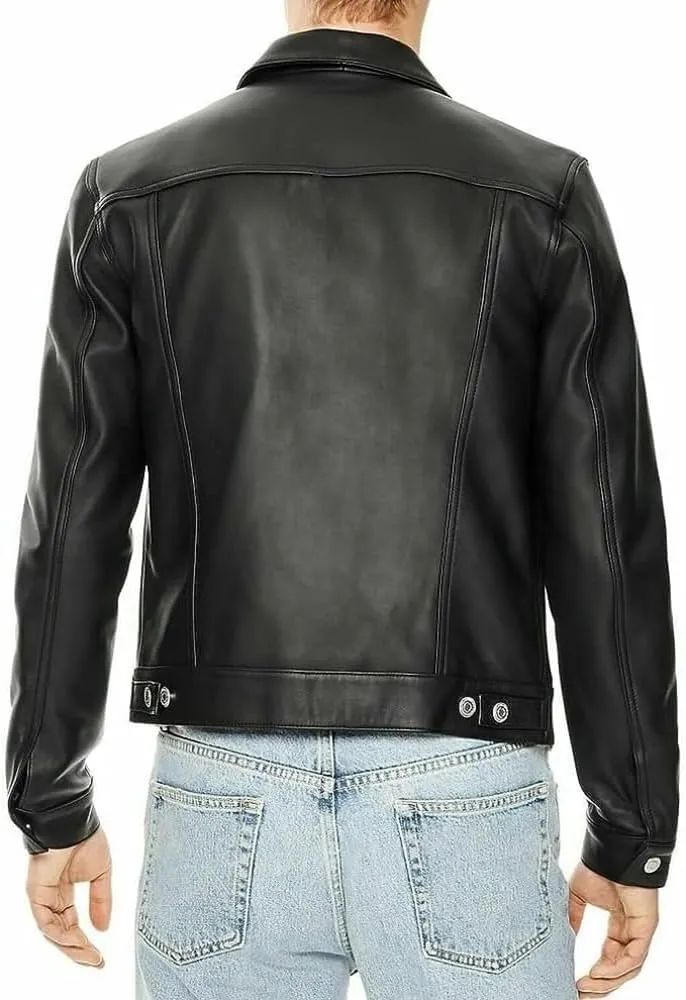 Men's Vintage Black Leather Trucker Jacket - Genuine Soft Lambskin, Denim Style, Sheepskin Coat