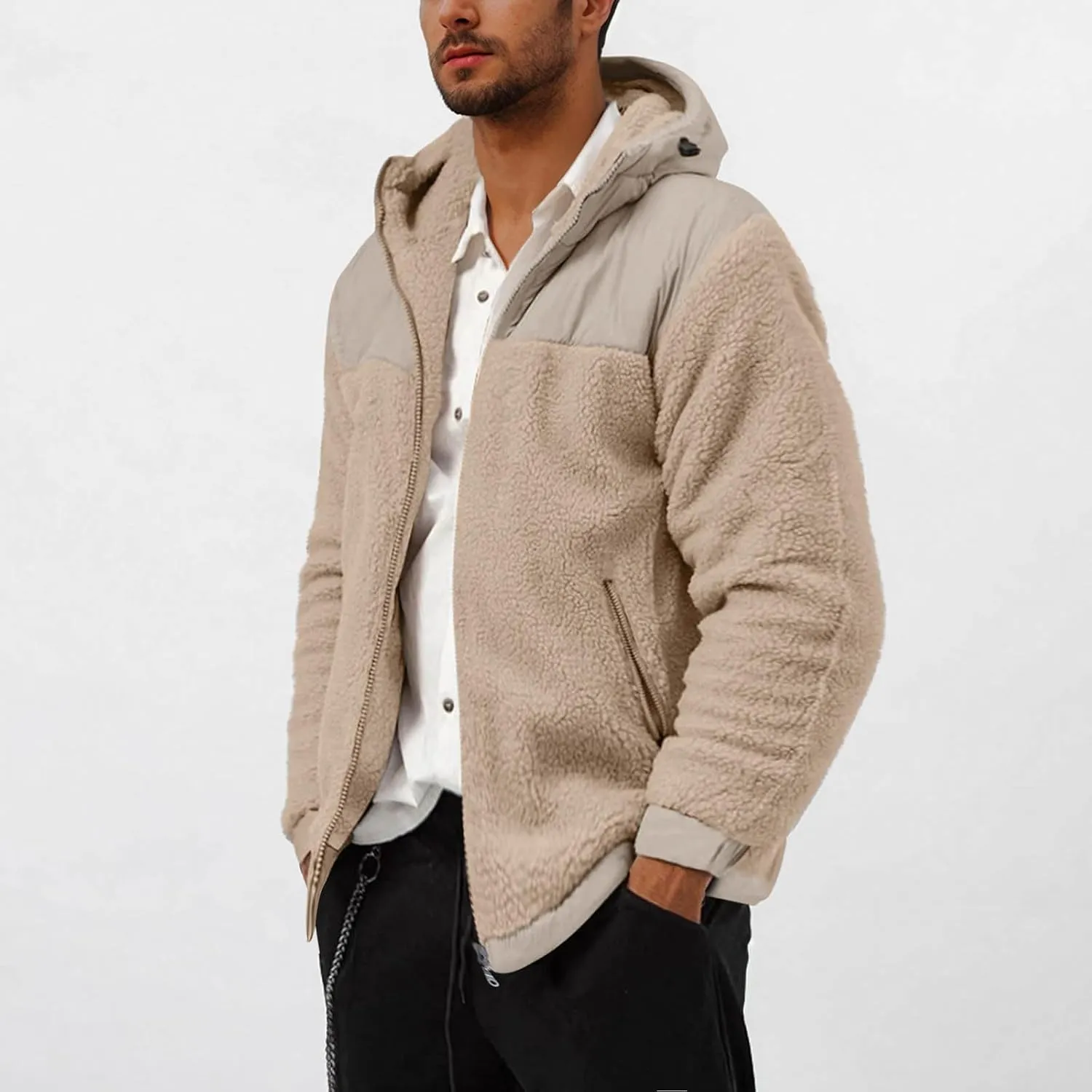 Men's Winter Outdoor Coat Full-Zip Sherpa Fleece Hooded Jacket Warm Soft Fuzzy Winter Coats Sweatshirt with Pockets