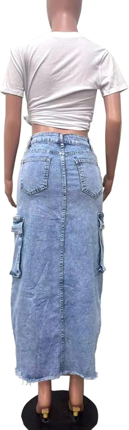 Molisry Women's Denim Cargo Skirt Slit Front High Waisted Cowgirl Casual Y2K A-Line Frayed Midi Jean Skirt with Pockets