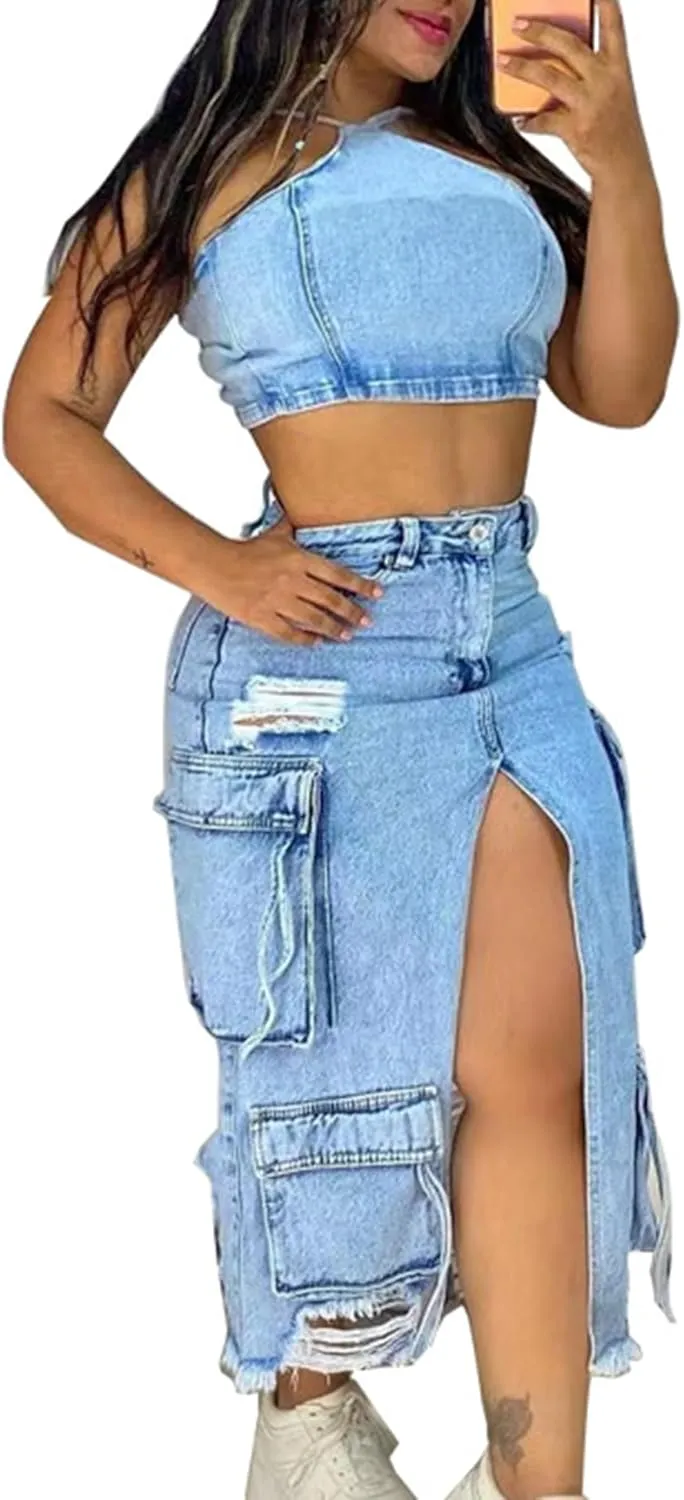 Molisry Women's Denim Cargo Skirt Slit Front High Waisted Cowgirl Casual Y2K A-Line Frayed Midi Jean Skirt with Pockets